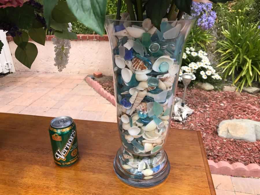 Pair Of Artificial Flower Displays With Vases Filled With Shells And Polished Glass [Photo 6]