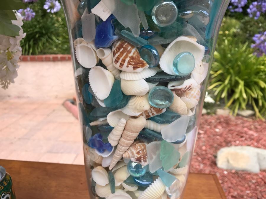 Pair Of Artificial Flower Displays With Vases Filled With Shells And Polished Glass [Photo 7]