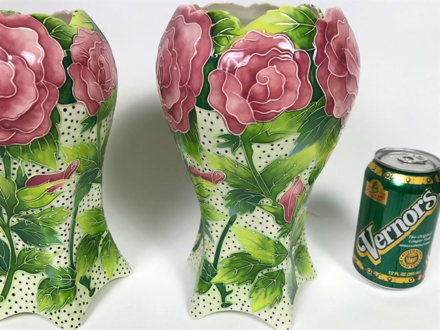 Pair Of J. McCall Blue Sky Vases Floral Motif [Photo 3]