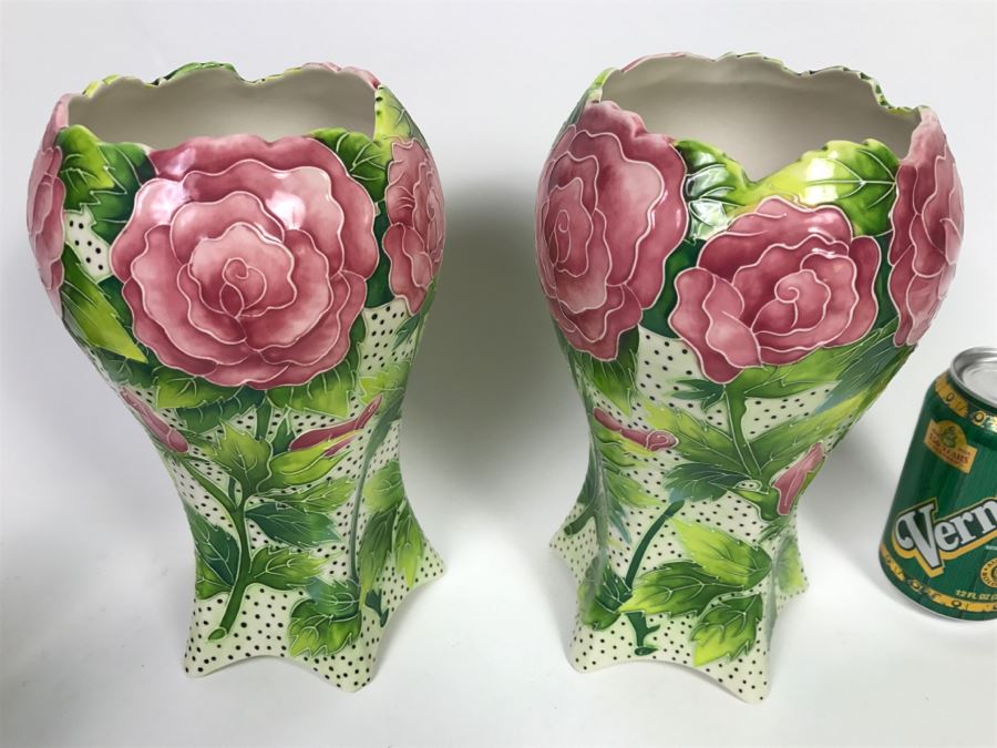 Pair Of J. McCall Blue Sky Vases Floral Motif [Photo 2]