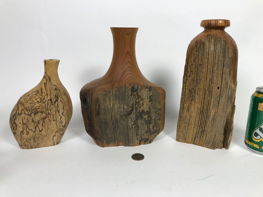 Set Of (3) Handcrafted Wooden Decorative Vases [Photo 1]
