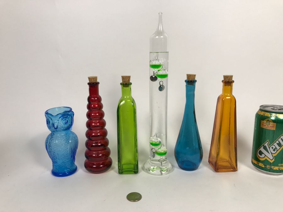 Collection Of Colored Glass Bottles, Glass Thermometer And Blue Glass Owl [Photo 1]
