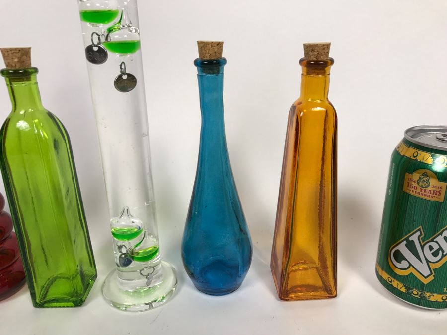 Collection Of Colored Glass Bottles, Glass Thermometer And Blue Glass Owl [Photo 6]