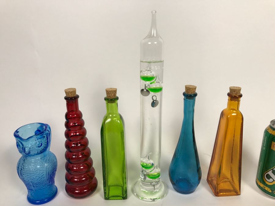 Collection Of Colored Glass Bottles, Glass Thermometer And Blue Glass Owl [Photo 4]