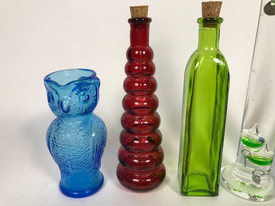Collection Of Colored Glass Bottles, Glass Thermometer And Blue Glass Owl [Photo 3]