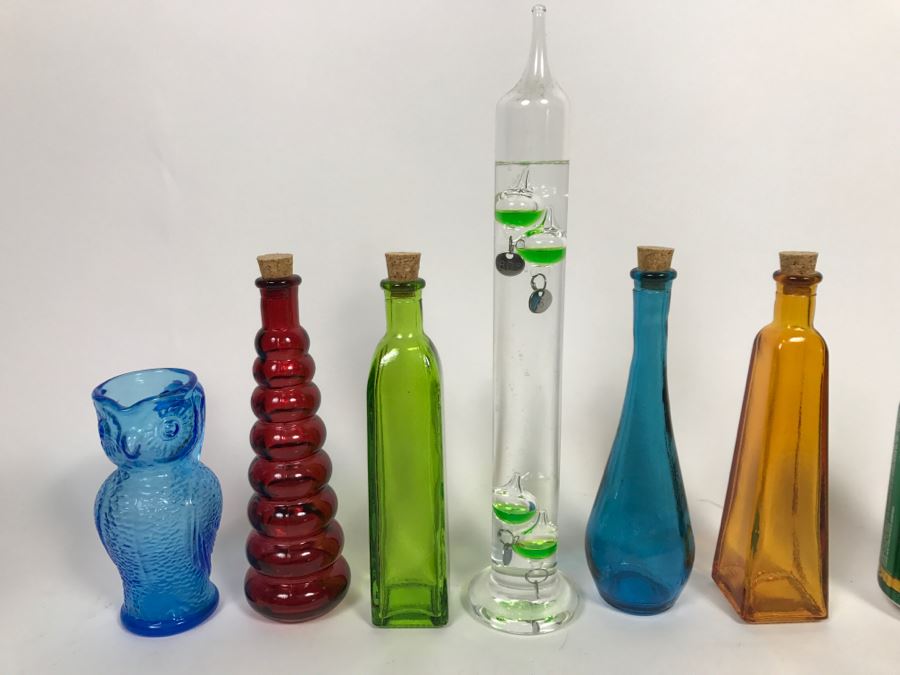 Collection Of Colored Glass Bottles, Glass Thermometer And Blue Glass Owl [Photo 2]