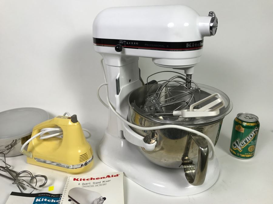 White KitchenAid Professional 6 Quart Stand Mixer With Yellow Ultra