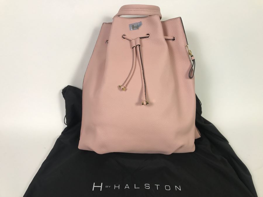 New HALSTON Pink Leather Drawstring Backpack Handbag With Dust Cover