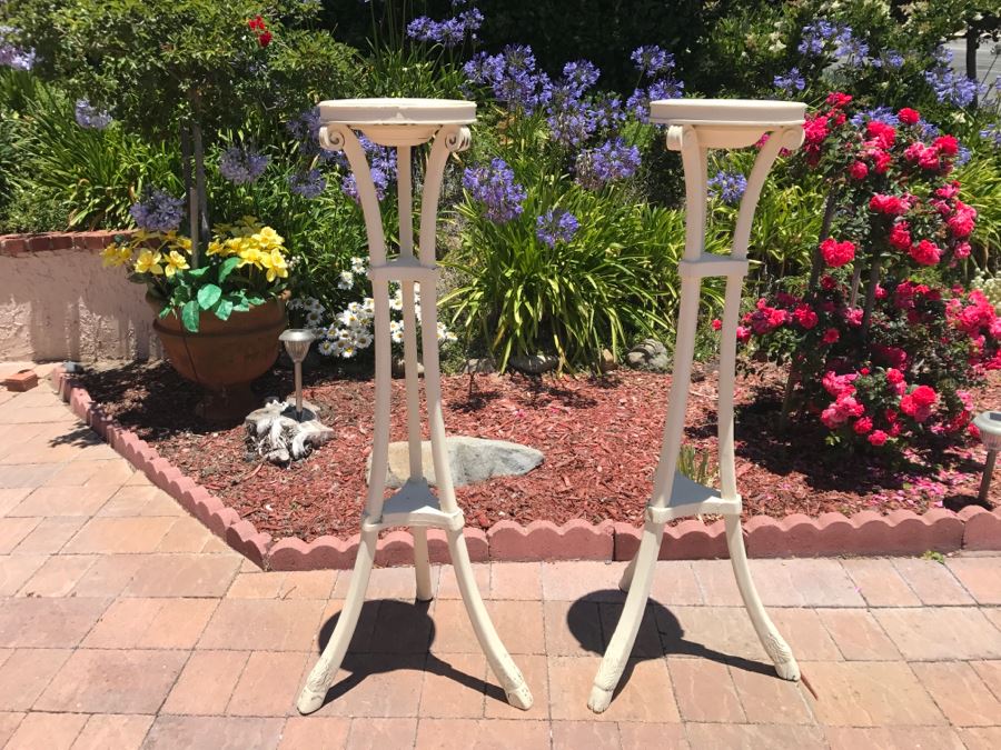 Pair Of Antique Pedestal Tables Painted Distressed White [Photo 8]