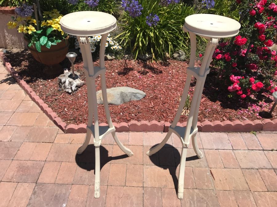 Pair Of Antique Pedestal Tables Painted Distressed White [Photo 2]