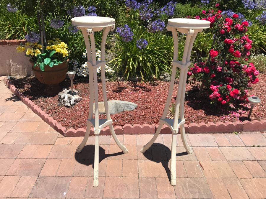 Pair Of Antique Pedestal Tables Painted Distressed White [Photo 1]