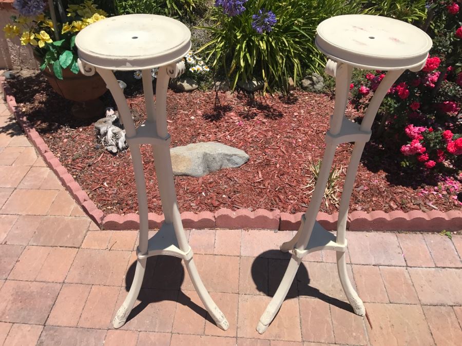 Pair Of Antique Pedestal Tables Painted Distressed White [Photo 9]