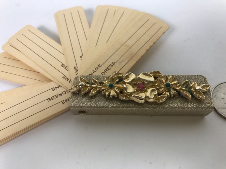 Vintage Ladies Address Book Fan With Gold Tone Floral Case [Photo 1]
