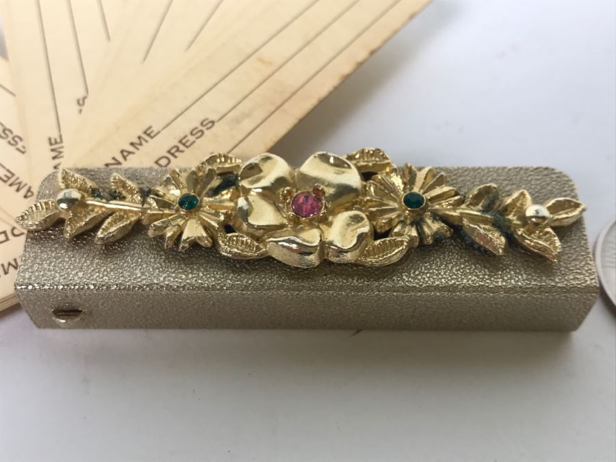 Vintage Ladies Address Book Fan With Gold Tone Floral Case [Photo 5]
