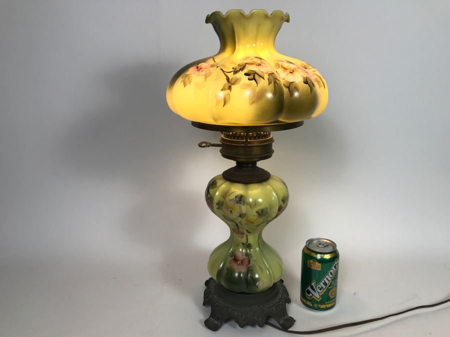 Stunning Antique Hand Painted Glass Oil Lamp That Has Been Electrified [Photo 1]