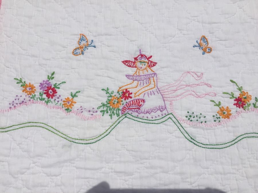 Vintage Pink And White Quilt With Detailed Stitching Of Woman Surrounded By Flowers And Butterflies [Photo 3]