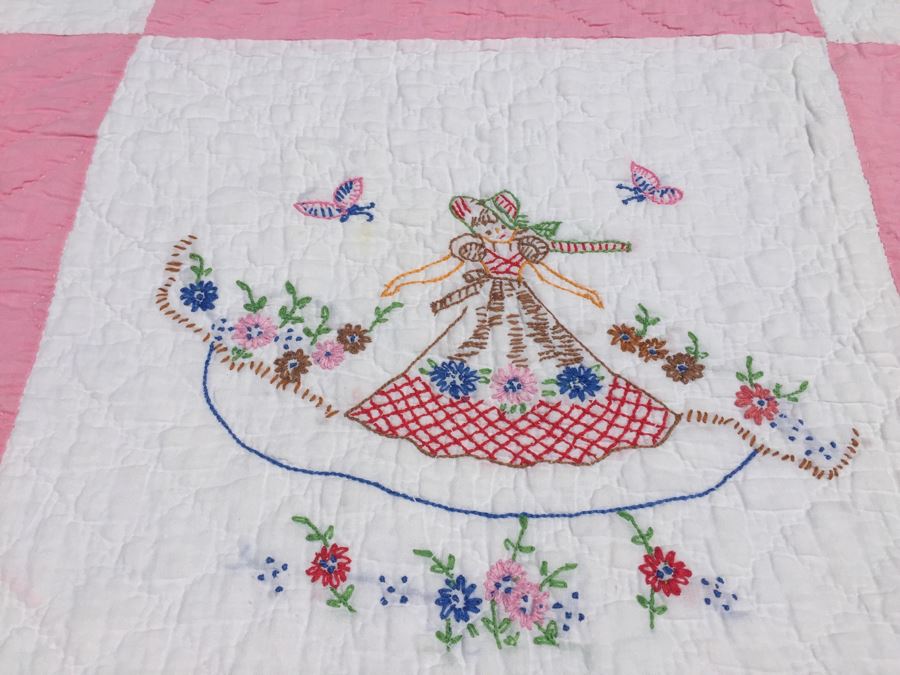 Vintage Pink And White Quilt With Detailed Stitching Of Woman Surrounded By Flowers And Butterflies [Photo 2]