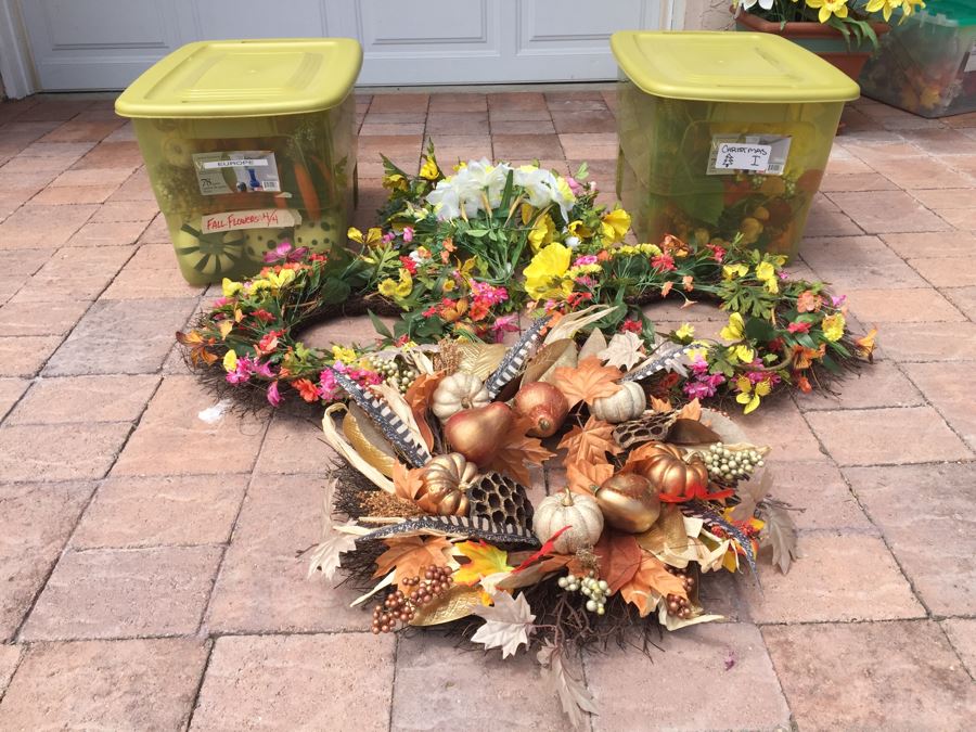 Huge Fall Decoration Lot With (2) Bins Filled With Home Decor, Artificial Flowers, Wreaths