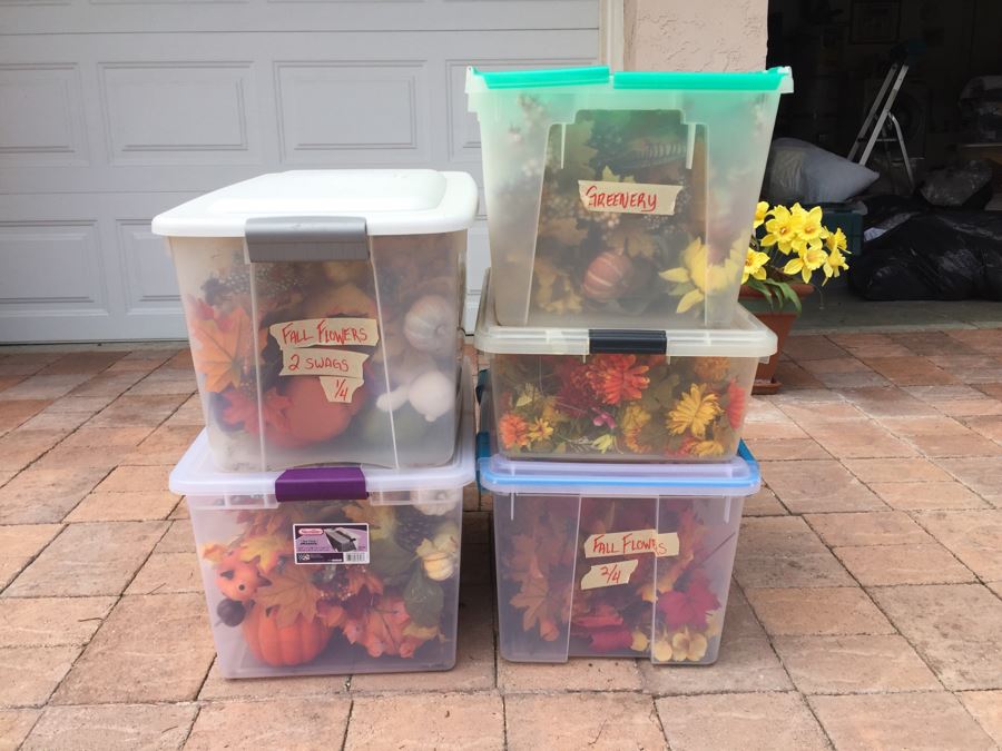 (5) Bins Filled With Fall Decorations, Home Decor, Artificial Flower Arrangements