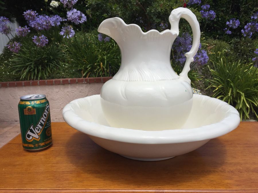 Signed White Pitcher And Wash Basin