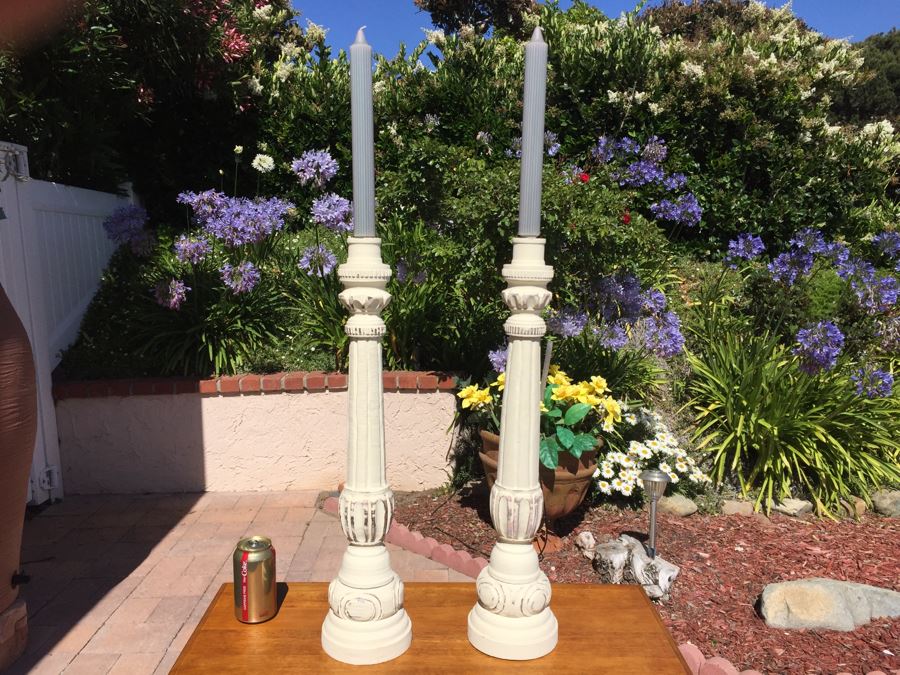 Pair Of Large Wooden Turned Candle Holders