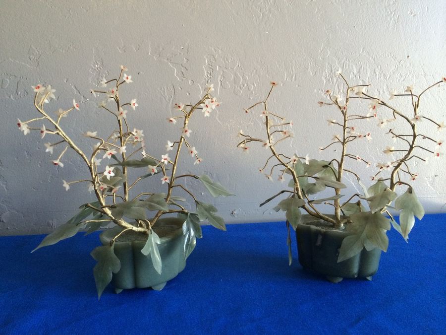 Pair of Decorative Green Stone Maybe Jade? Trees