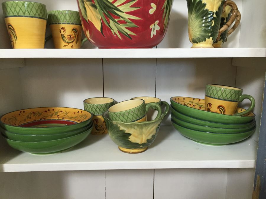 JUST ADDED - Contents Of Corner Cabinet Containing Six Shelves Of Bowls, Plates, Trays, Cups, Pitcher [Photo 6]