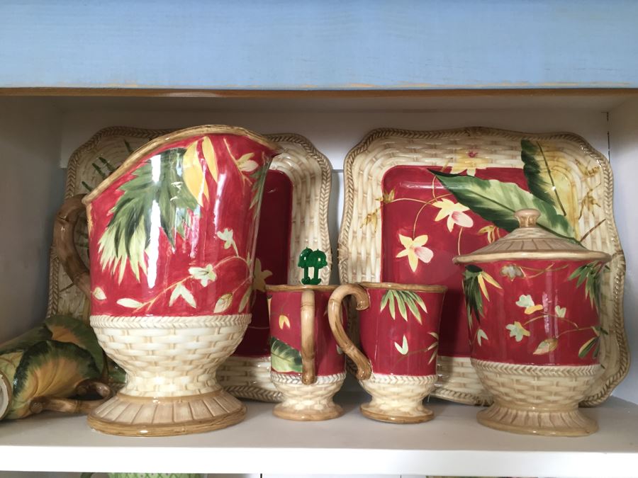 JUST ADDED - Contents Of Corner Cabinet Containing Six Shelves Of Bowls, Plates, Trays, Cups, Pitcher [Photo 2]