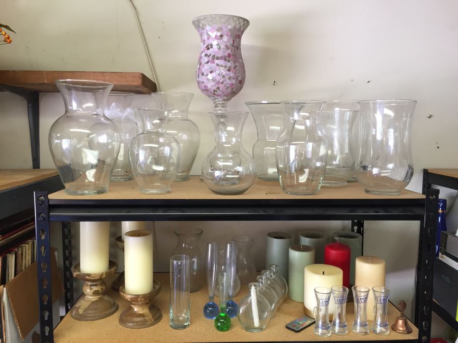 (2) Shelves Of Vases, Candles, And Candle Holders [Photo 1]