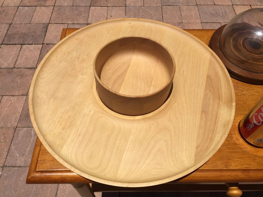 Walnut Wooden Salad Bowl Set, Glass Dome Cheese Plate And Wooden Chip & Dip Vegetable Server [Photo 2]