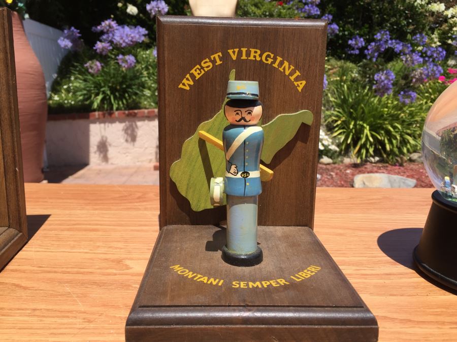 Pair Of West Virginia Wooden Solider Bookends And WVU Snow Globe [Photo 5]