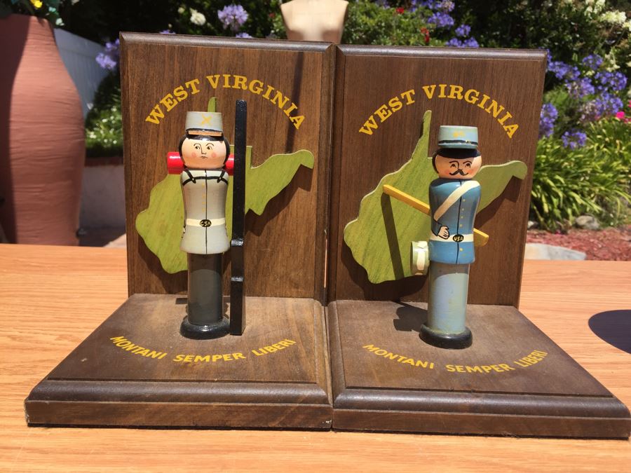 Pair Of West Virginia Wooden Solider Bookends And WVU Snow Globe [Photo 1]