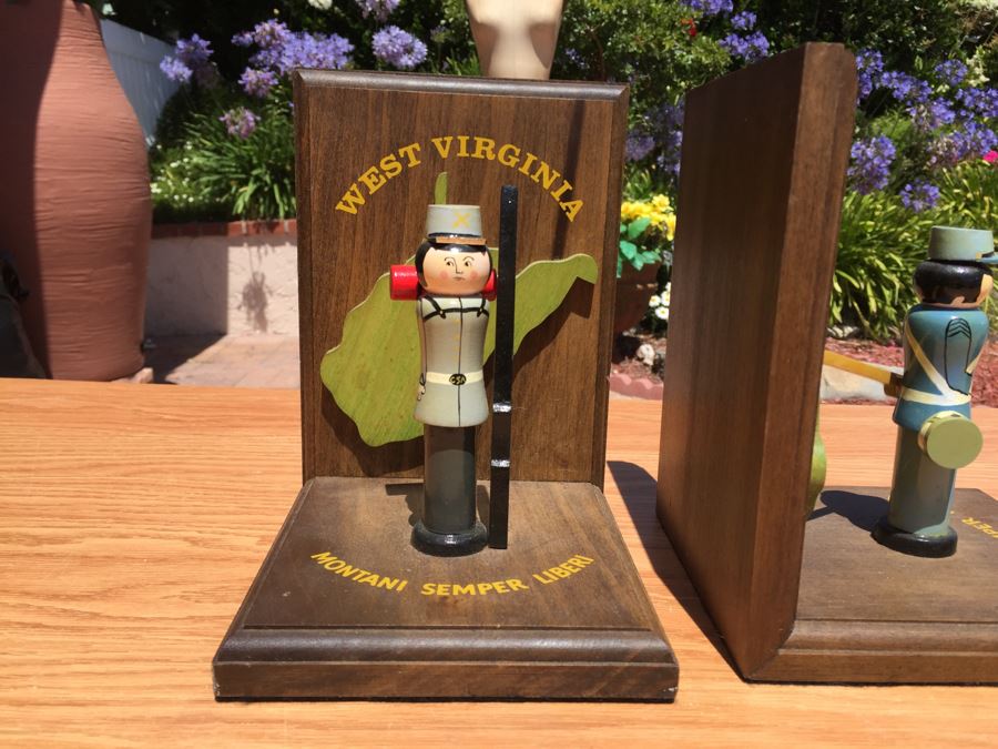 Pair Of West Virginia Wooden Solider Bookends And WVU Snow Globe [Photo 4]