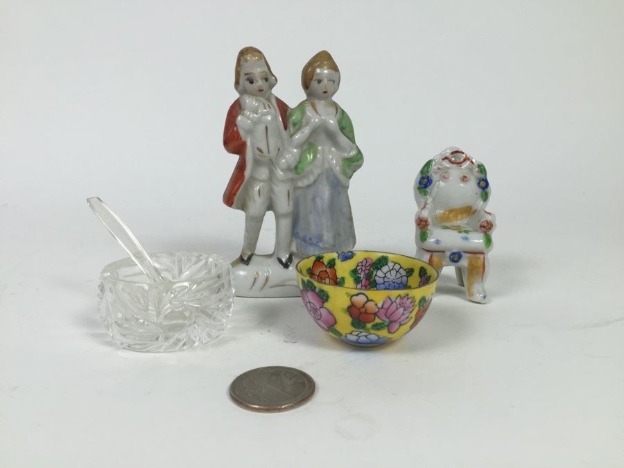 Small Chinese Signed Cup, Pair Of Japanese Figurines And Small Crystal Bowl With Spoon