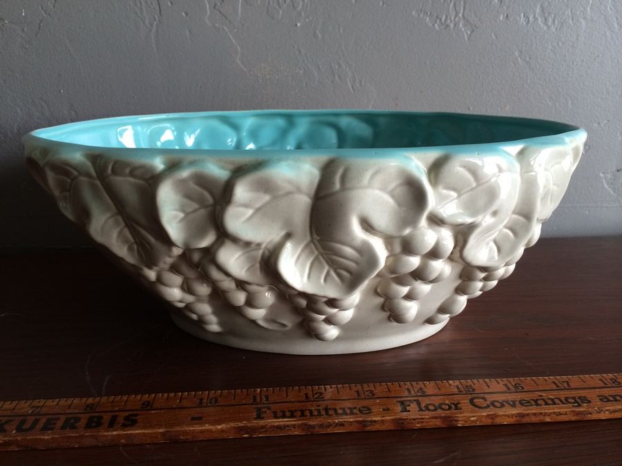 Large Calif Pottery Bowl with Grapes - Blue and White