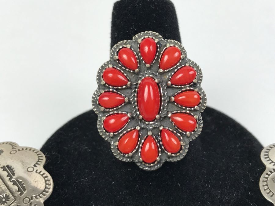 Sterling Silver And Coral Ring Signed AW Size 8 1/4 And Pair Of Sterling Silver Chased Earrings Signed Q.T. Total Weight 15.8g [Photo 5]