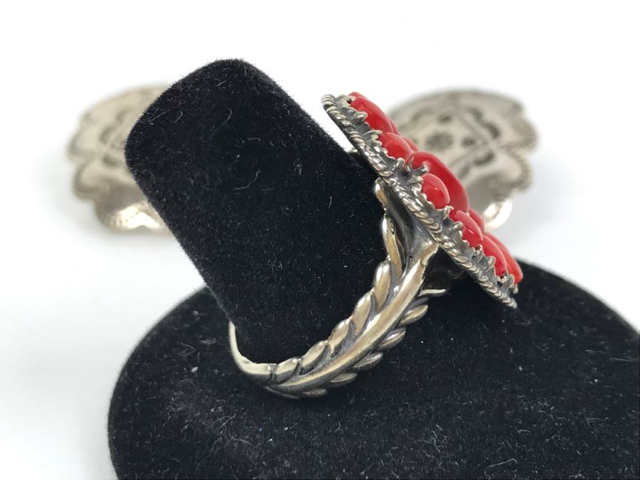Sterling Silver And Coral Ring Signed AW Size 8 1/4 And Pair Of Sterling Silver Chased Earrings Signed Q.T. Total Weight 15.8g [Photo 10]