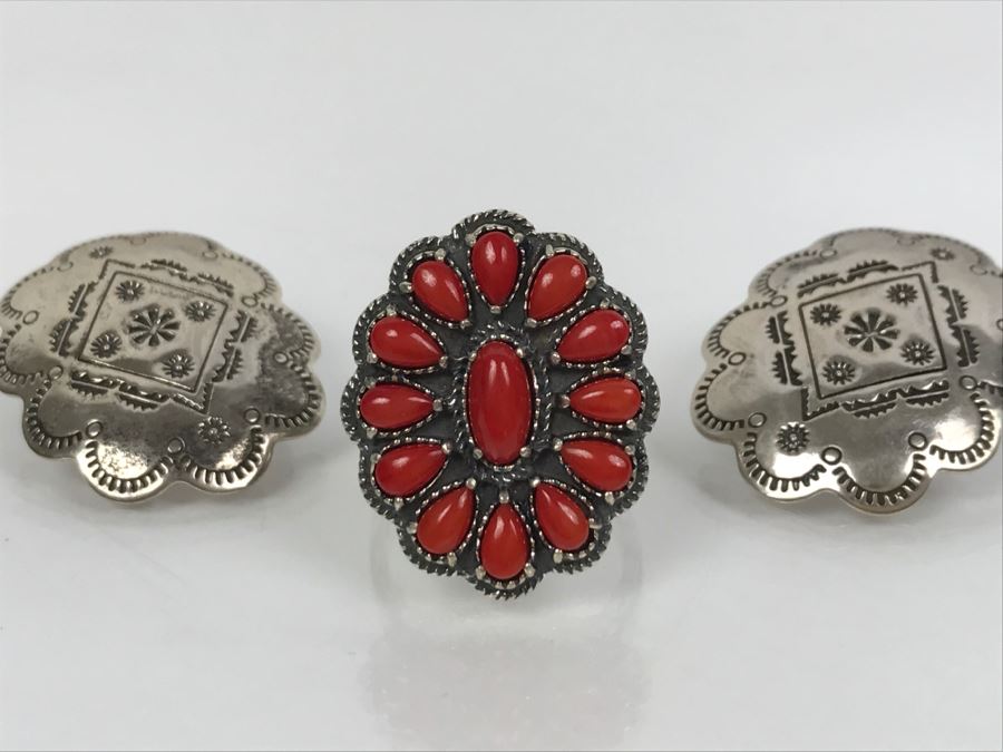 Sterling Silver And Coral Ring Signed AW Size 8 1/4 And Pair Of Sterling Silver Chased Earrings Signed Q.T. Total Weight 15.8g [Photo 14]