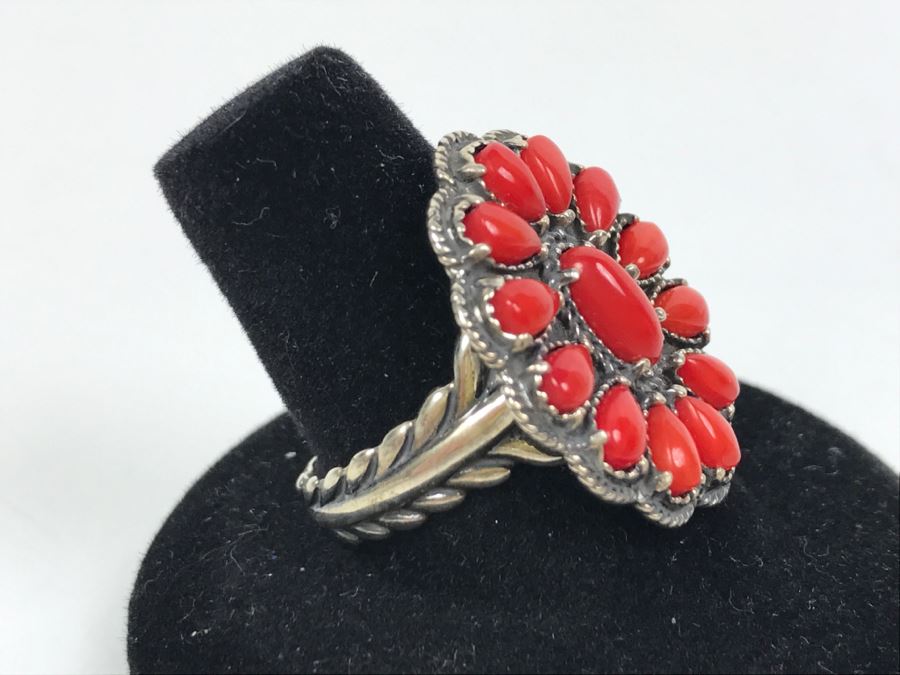 Sterling Silver And Coral Ring Signed AW Size 8 1/4 And Pair Of Sterling Silver Chased Earrings Signed Q.T. Total Weight 15.8g [Photo 8]