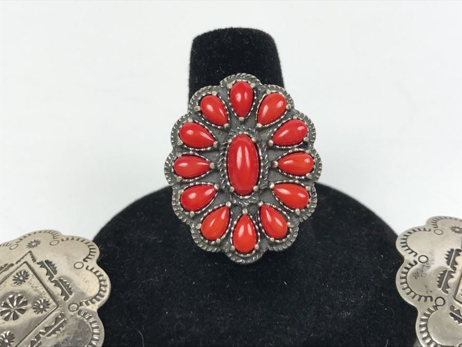 Sterling Silver And Coral Ring Signed AW Size 8 1/4 And Pair Of Sterling Silver Chased Earrings Signed Q.T. Total Weight 15.8g [Photo 4]