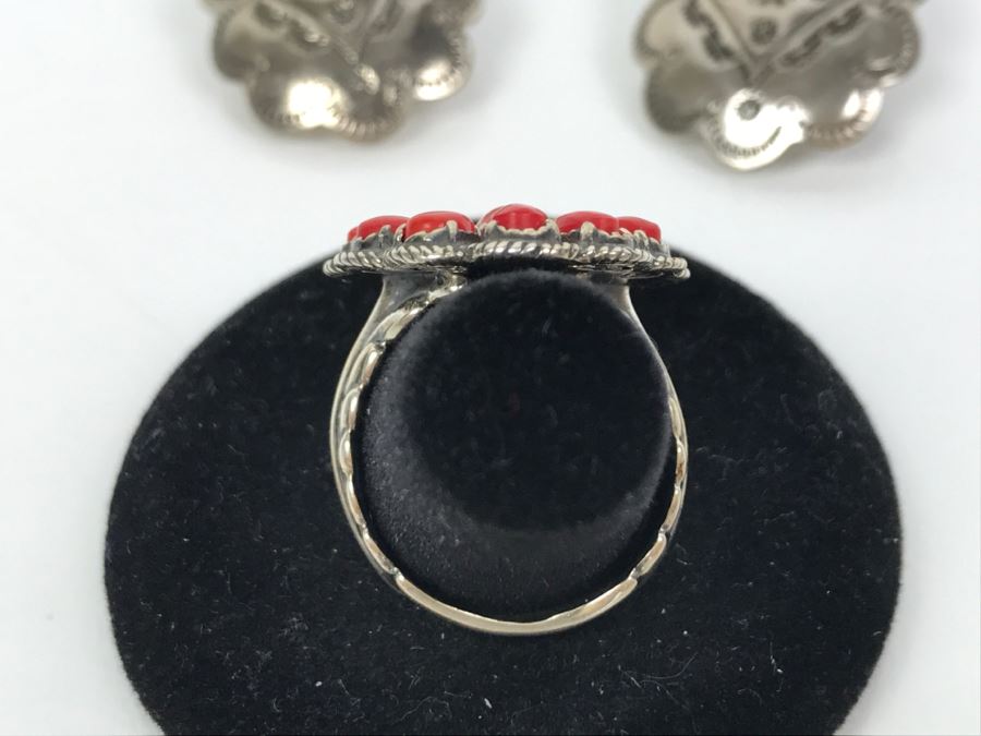 Sterling Silver And Coral Ring Signed AW Size 8 1/4 And Pair Of Sterling Silver Chased Earrings Signed Q.T. Total Weight 15.8g [Photo 11]