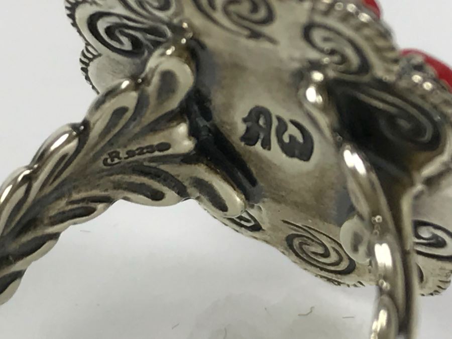 Sterling Silver And Coral Ring Signed AW Size 8 1/4 And Pair Of Sterling Silver Chased Earrings Signed Q.T. Total Weight 15.8g [Photo 21]