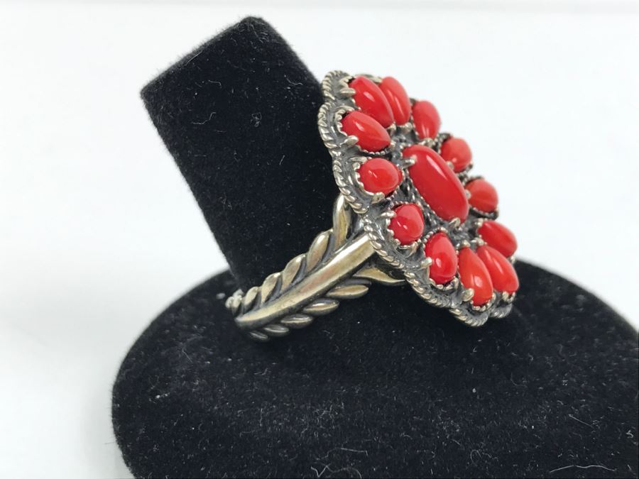 Sterling Silver And Coral Ring Signed AW Size 8 1/4 And Pair Of Sterling Silver Chased Earrings Signed Q.T. Total Weight 15.8g [Photo 9]