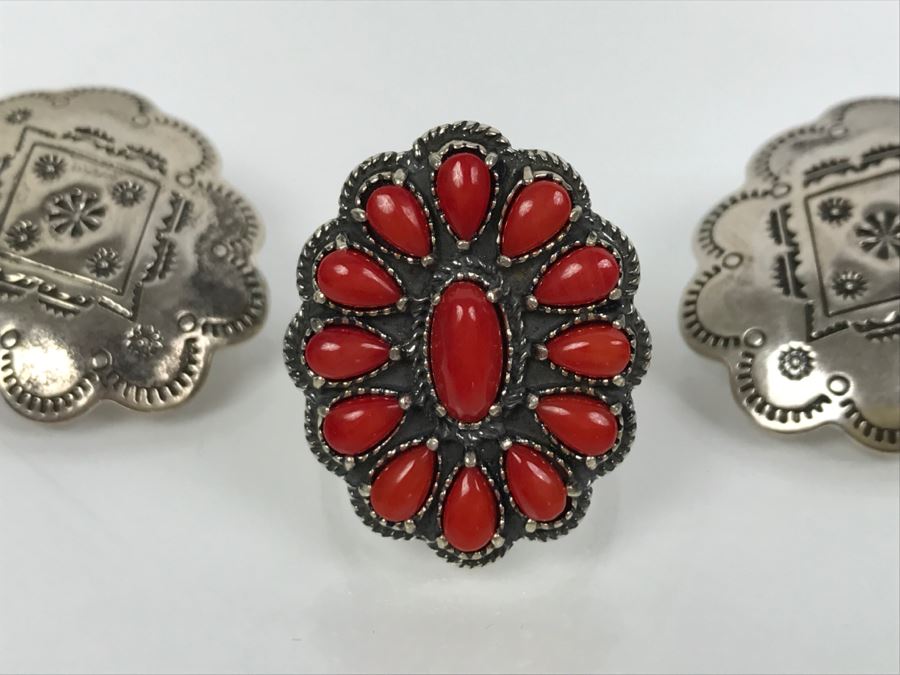 Sterling Silver And Coral Ring Signed AW Size 8 1/4 And Pair Of Sterling Silver Chased Earrings Signed Q.T. Total Weight 15.8g [Photo 15]