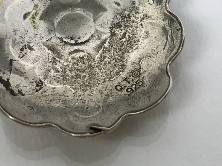 Sterling Silver And Coral Ring Signed AW Size 8 1/4 And Pair Of Sterling Silver Chased Earrings Signed Q.T. Total Weight 15.8g [Photo 24]