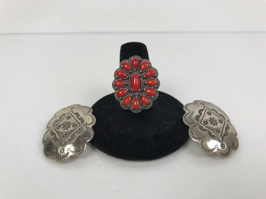 Sterling Silver And Coral Ring Signed AW Size 8 1/4 And Pair Of Sterling Silver Chased Earrings Signed Q.T. Total Weight 15.8g [Photo 3]