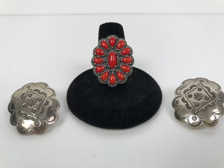 Sterling Silver And Coral Ring Signed AW Size 8 1/4 And Pair Of Sterling Silver Chased Earrings Signed Q.T. Total Weight 15.8g [Photo 2]