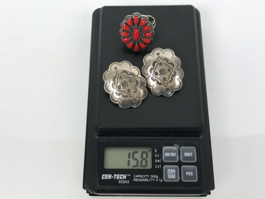 Sterling Silver And Coral Ring Signed AW Size 8 1/4 And Pair Of Sterling Silver Chased Earrings Signed Q.T. Total Weight 15.8g [Photo 25]
