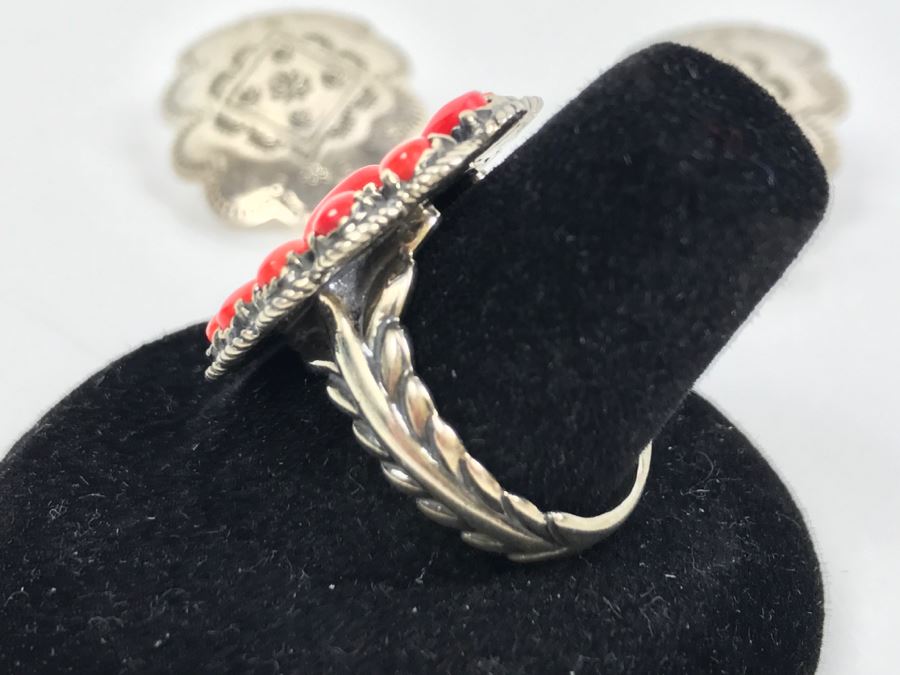 Sterling Silver And Coral Ring Signed AW Size 8 1/4 And Pair Of ...