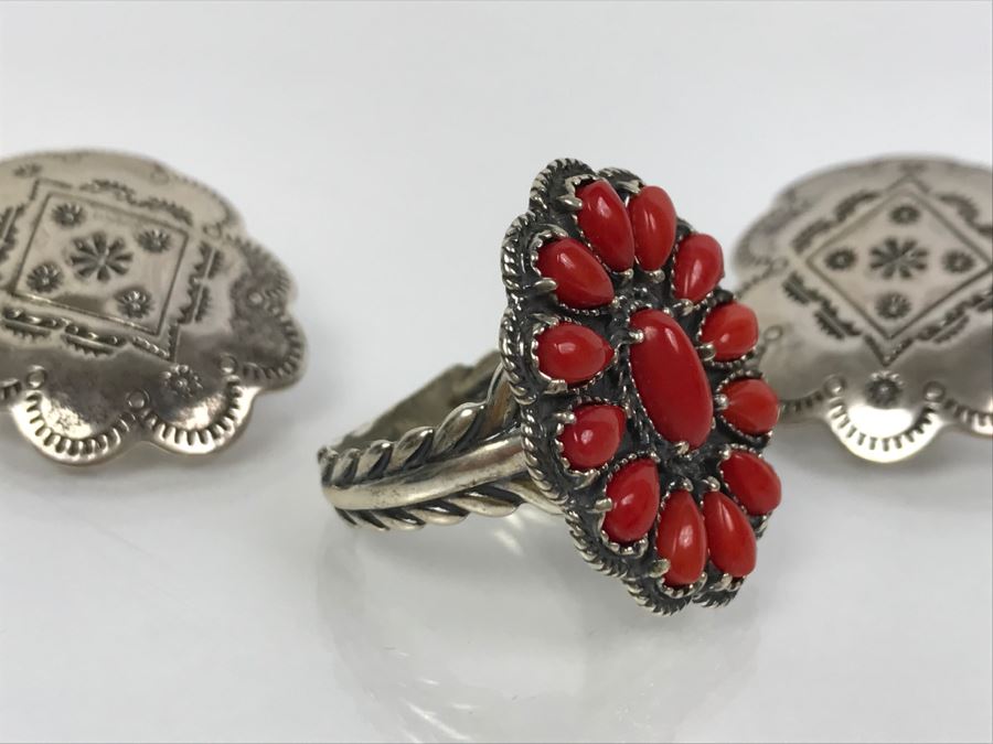 Sterling Silver And Coral Ring Signed AW Size 8 1/4 And Pair Of Sterling Silver Chased Earrings Signed Q.T. Total Weight 15.8g [Photo 16]